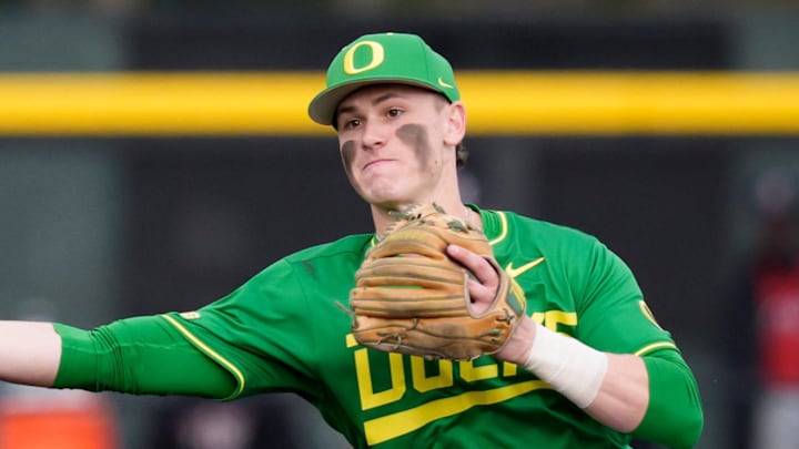 Oregon infielder Maddox Molony throws to first for an out as the Oregon Ducks host the Youngstown State Penguins on Feb. 19, 2026, at PK Park in Eugene, Oregon.