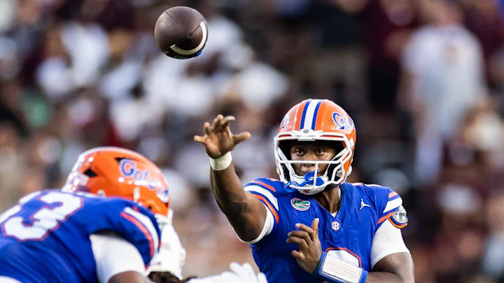 Sep 14, 2024; Gainesville, Florida, USA; Florida Gators quarterback DJ Lagway (2) throws the ball against the Texas A&M Aggies during the second half at Ben Hill Griffin Stadium. Mandatory Credit: Matt Pendleton-Imagn Images