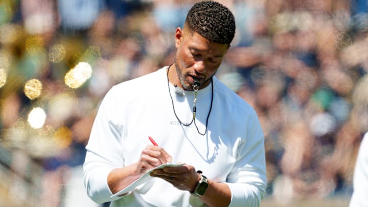 Notre Dame head coach Marcus Freeman during the Blue-Gold spring game at Notre Dame Stadium on Saturday, April 25, 2026, in South Bend.