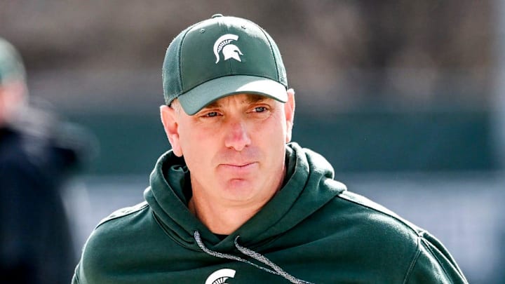 Michigan State offensive coordinator Brian Lindgren looks on during football practice on Tuesday, April 8, 2025, in East Lansing. Michigan State offensive coordinator Brian Lindgren looks on during football practice on Tuesday, April 8, 2025, in East Lansing.