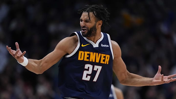 Jan 27, 2026; Denver, Colorado, USA; Denver Nuggets guard Jamal Murray (27) reacts in the fourth quarter against the Detroit Pistons  at Ball Arena.