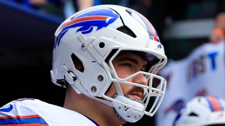 Buffalo Bills center Connor McGovern (66) looks on before an NFL football AFC Wild Card playoff matchup, Sunday, Jan. 11, 2026, in Jacksonville, Fla. The Bills defeated the Jaguars 27-24. [Corey Perrine/Florida Times-Union]