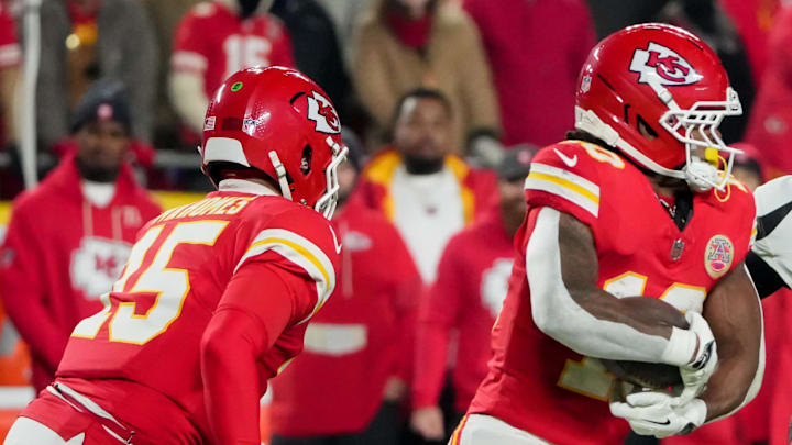 Dec 7, 2025; Kansas City, Missouri, USA; Kansas City Chiefs running back Isiah Pacheco (10) runs with the ball during the first quarter against the Houston Texans at GEHA Field at Arrowhead Stadium. Mandatory Credit: Denny Medley-Imagn Images