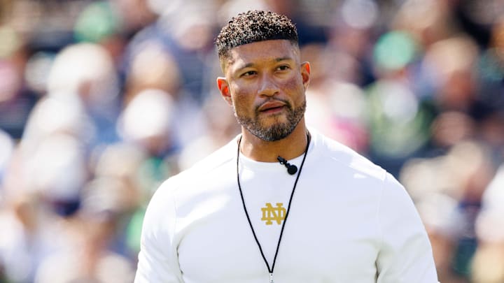 Notre Dame head coach Marcus Freeman during the Notre Dame Blue-Gold spring football game at Notre Dame Stadium on Saturday, April 12, 2025, in South Bend. Notre Dame head coach Marcus Freeman during the Notre Dame Blue-Gold spring football game at Notre Dame Stadium on Saturday, April 12, 2025, in South Bend.