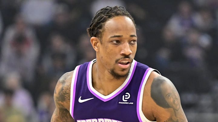 Feb 11, 2026; Salt Lake City, Utah, USA; Sacramento Kings guard/forward DeMar DeRozan (10) stares down Utah Jazz forward Jaren Jackson Jr. (20) during the first half at Delta Center. Mandatory Credit: Peter Creveling-Imagn Images