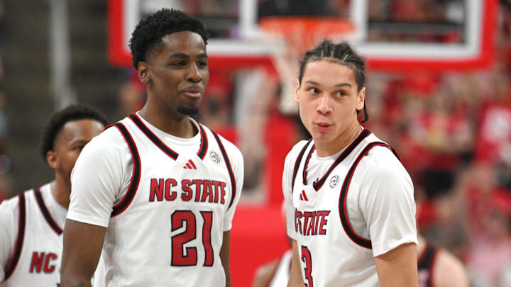 Mar 7, 2026; Raleigh, North Carolina, USA;  NC State Wolfpack guard Matt Able (3) reacts after scoring against the Stanford Cardinal during the second half at Lenovo Center. Mandatory Credit: Zachary Taft-Imagn Images