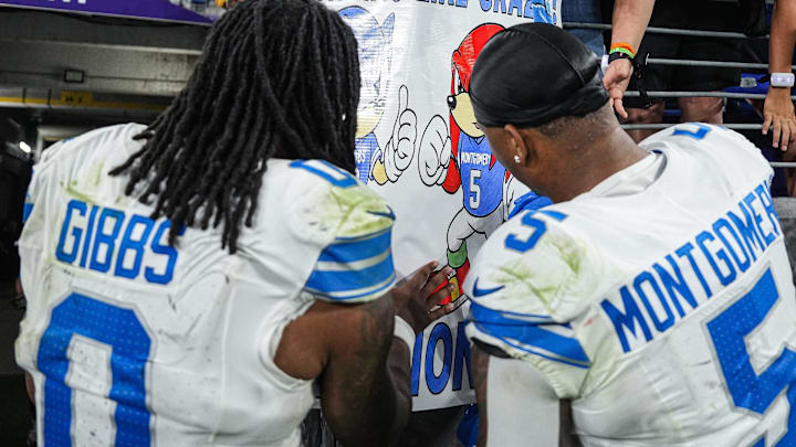 Detroit Lions running back Jahmyr Gibbs (0) and running back David Montgomery (5).