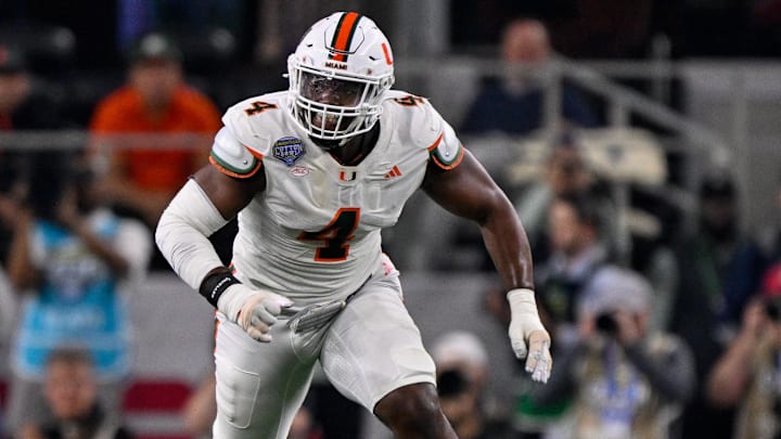 Dec 31, 2025; Arlington, TX, USA; Miami Hurricanes defensive lineman Rueben Bain Jr. (4) rushes the line during the 2025 Cotton Bowl and quarterfinal game of the College Football Playoff at AT&T Stadium. Mandatory Credit: Jerome Miron-Imagn Images