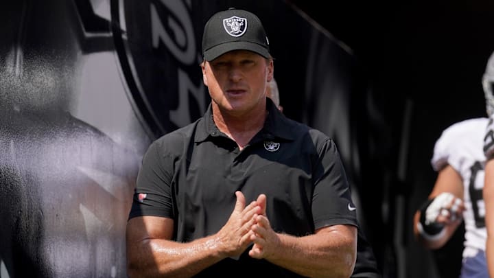 Aug 29, 2021; Santa Clara, California, USA; Las Vegas Raiders head coach Jon Gruden walks onto the field before the start of the game against the San Francisco 49ers at Levi's Stadium. Mandatory Credit: Cary Edmondson-Imagn Images Aug 29, 2021; Santa Clara, California, USA; Las Vegas Raiders head coach Jon Gruden walks onto the field before the start of the game against the San Francisco 49ers at Levi's Stadium. Mandatory Credit: Cary Edmondson-Imagn Images