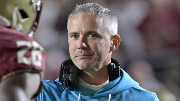 Nov 1, 2025; Tallahassee, Florida, USA; Florida State Seminoles head coach Mike Norvell celebrates a touchdown during the fourth quarter against the Wake Forest Demon Deacons at Doak S. Campbell Stadium. Mandatory Credit: Melina Myers-Imagn Images