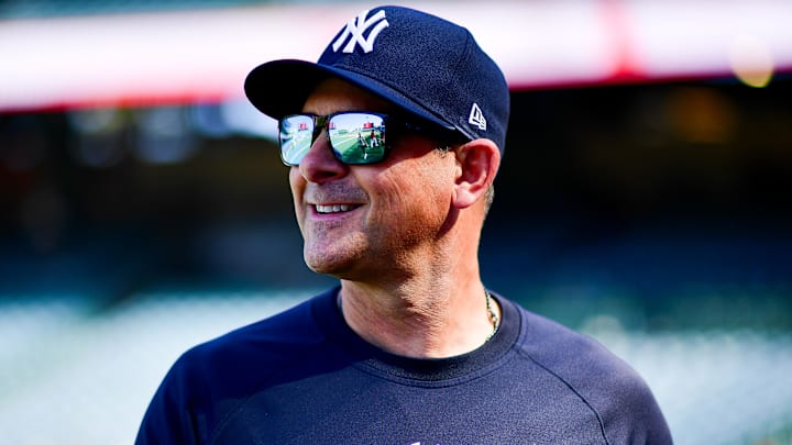 May 27, 2025; Anaheim, California, USA; New York Yankees manager Aaron Boone (17) before the game against the Los Angeles Angels at Angel Stadium. Mandatory Credit: Gary A. Vasquez-Imagn Images May 27, 2025; Anaheim, California, USA; New York Yankees manager Aaron Boone (17) before the game against the Los Angeles Angels at Angel Stadium. Mandatory Credit: Gary A. Vasquez-Imagn Images