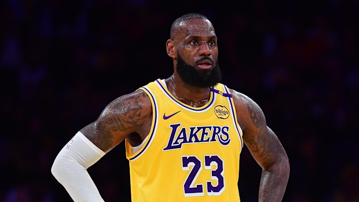 Los Angeles Lakers forward LeBron James reacts to a play.