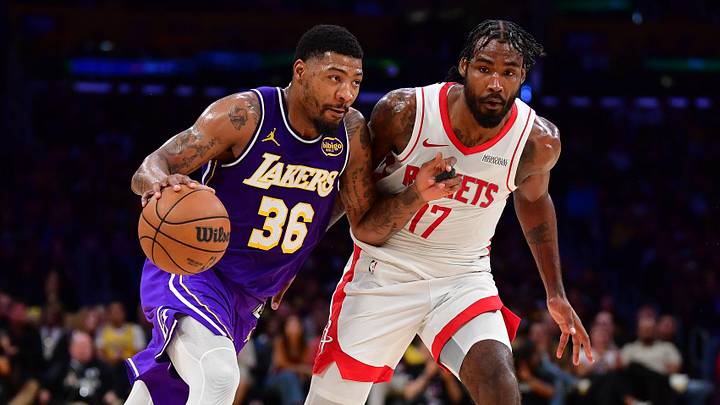 Apr 29, 2026; Los Angeles, California, USA; Los Angeles Lakers guard Marcus Smart (36) moves to the basket against Houston Rockets forward Tari Eason (17) during the first half in game five of the first round of the 2026 NBA Playoffs at Crypto.com Arena. Mandatory Credit: Gary A. Vasquez-Imagn Images