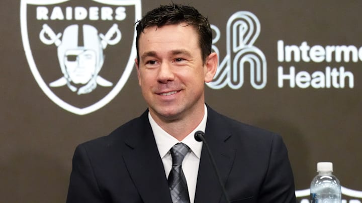 Feb 10, 2026; Henderson, NV, USA; Las Vegas Raiders coach Klint Kubiak speaks at introductory press conference at Intermountain Health Performance Center. Mandatory Credit: Kirby Lee-Imagn Images Feb 10, 2026; Henderson, NV, USA; Las Vegas Raiders coach Klint Kubiak speaks at introductory press conference at Intermountain Health Performance Center. Mandatory Credit: Kirby Lee-Imagn Images