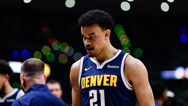 Apr 27, 2026; Denver, Colorado, USA; Denver Nuggets forward Spencer Jones (21) in the third quarter against the Minnesota Timberwolves during game five of the first round of the 2026 NBA Playoffs at Ball Arena. Mandatory Credit: Isaiah J. Downing-Imagn Images