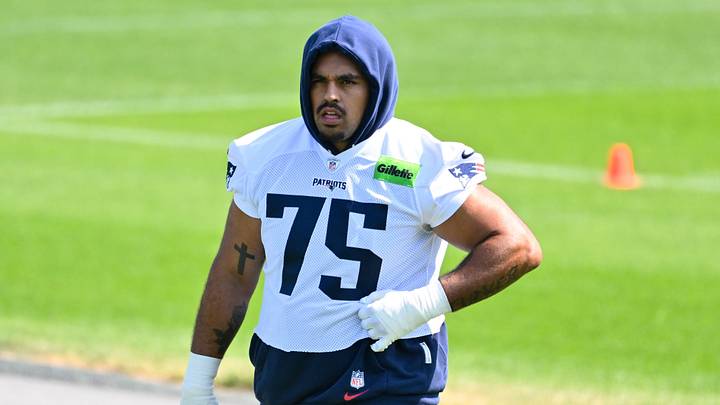 Jul 25, 2026; Foxborough, MA, USA; New England Patriots guard Alijah Vera-Tucker (75) walks to the practice field at training camp at Gillette Stadium. Mandatory Credit: Eric Canha-Imagn Images Jul 25, 2026; Foxborough, MA, USA; New England Patriots guard Alijah Vera-Tucker (75) walks to the practice field at training camp at Gillette Stadium. Mandatory Credit: Eric Canha-Imagn Images