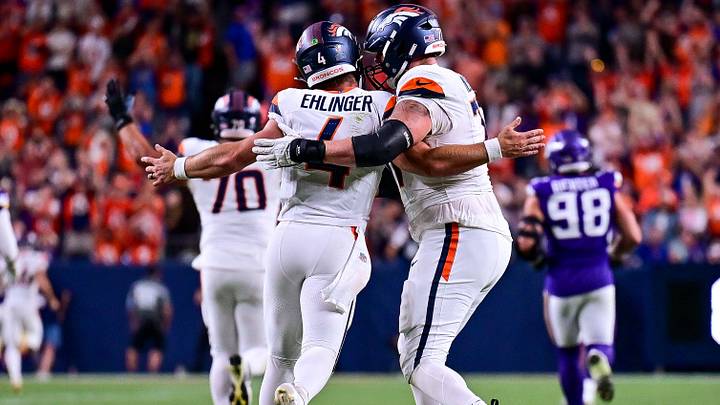 DENVER, CO - AUGUST 28: Denver Broncos quarterback Sam Ehlinger (4) celebrates with teammates after throwing a pass for a fourth quarter touchdown during a preseason game between the Minnesota Vikings and the Denver Broncos at Empower Field at Mile High on August 28, 2026 in Denver, Colorado. 