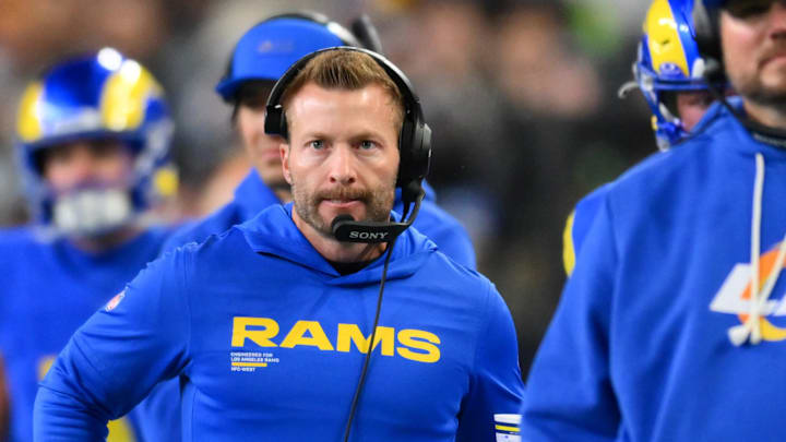 Dec 18, 2025; Seattle, Washington, USA; Los Angeles Rams head coach Sean McVay looks on in the first half against the Seattle Seahawks at Lumen Field. Mandatory Credit: Steven Bisig-Imagn Images