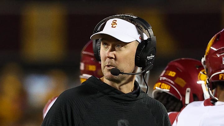 Oct 5, 2024; Minneapolis, Minnesota, USA; USC Trojans head coach Lincoln Riley looks on during the first half against the Minnesota Golden Gophers at Huntington Bank Stadium. Mandatory Credit: Matt Krohn-Imagn Images