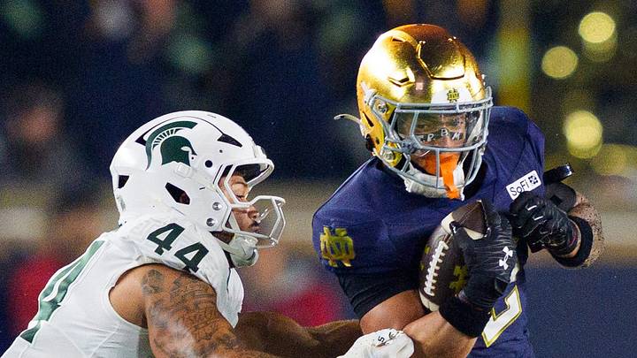 Notre Dame running back Nolan James Jr. (2) rushes the ball during a NCAA football game against Michigan State at Notre Dame Stadium on Saturday, Sept. 19, 2026, in South Bend. Notre Dame running back Nolan James Jr. (2) rushes the ball during a NCAA football game against Michigan State at Notre Dame Stadium on Saturday, Sept. 19, 2026, in South Bend.