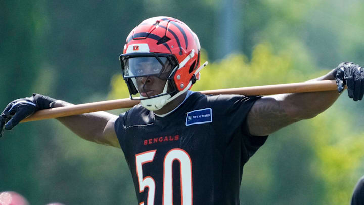Cincinnati Bengals linebacker Shaka Heyward (50) runs throw an exercise during the second day of preseason training camp in downtown Cincinnati on Thursday, July 24, 2025.