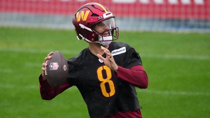 Nov 13, 2025; Madrid, Spain; Washington Commanders quarterback Marcus Mariota (8) throws the ball during practice at Ciudad Deportiva del Real Madrid. Mandatory Credit: Kirby Lee-Imagn Images