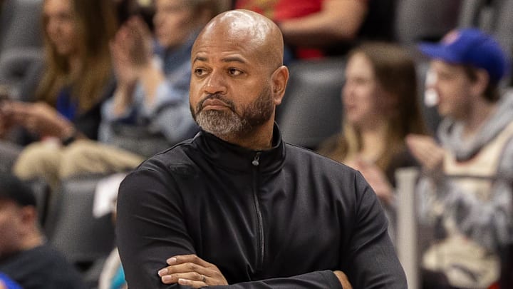 Mar 11, 2025; Detroit, Michigan, USA; Detroit Pistons head coach J.B. Bickerstaff walks the sideline against the Washington Wizards  during the first half at Little Caesars Arena. Mandatory Credit: David Reginek-Imagn Images
