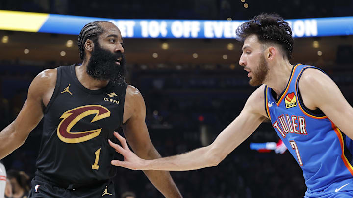 Feb 22, 2026; Oklahoma City, Oklahoma, USA; Cleveland Cavaliers guard James Harden (1) moves the ball as Oklahoma City Thunder center/forward Chet Holmgren (7) defends during the second half at Paycom Center. Mandatory Credit: Alonzo Adams-Imagn Images Feb 22, 2026; Oklahoma City, Oklahoma, USA; Cleveland Cavaliers guard James Harden (1) moves the ball as Oklahoma City Thunder center/forward Chet Holmgren (7) defends during the second half at Paycom Center. Mandatory Credit: Alonzo Adams-Imagn Images