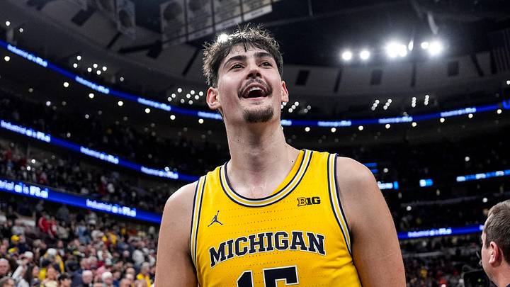 Michigan center Aday Mara (15) celebrates 68-65 win over Wisconsin at the Big Ten Tournament semifinal at United Center in Chicago on Saturday, March 14, 2026. Michigan center Aday Mara (15) celebrates 68-65 win over Wisconsin at the Big Ten Tournament semifinal at United Center in Chicago on Saturday, March 14, 2026.