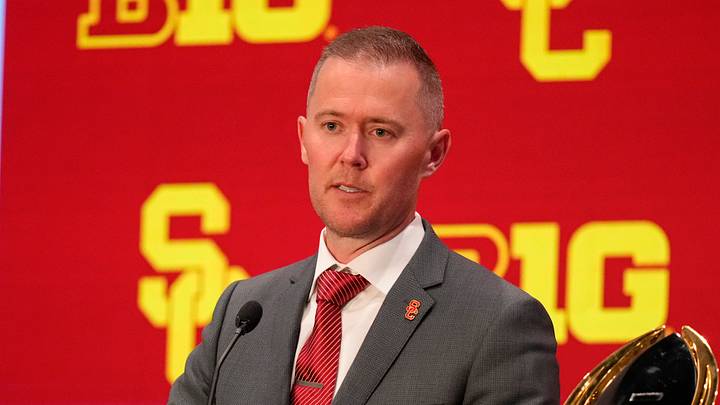Jul 24, 2025; Las Vegas, NV, USA; USC head coach Lincoln Riley speaks to the media during the Big Ten NCAA college football media days at Mandalay Bay Resort. Mandatory Credit: Lucas Peltier-Imagn Images