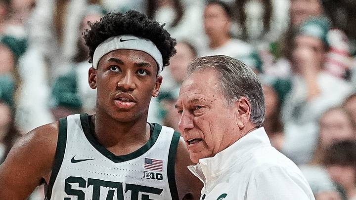 Michigan State guard Jeremy Fears Jr. (1) talks to head coach Tom Izzo during the first half against Duke at Breslin Center in East Lansing on Saturday, Dec. 6, 2025. Michigan State guard Jeremy Fears Jr. (1) talks to head coach Tom Izzo during the first half against Duke at Breslin Center in East Lansing on Saturday, Dec. 6, 2025.