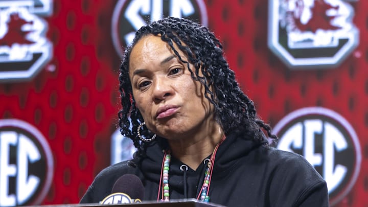 Oct 14, 2025; Birmingham, AL, USA; South Carolina Gamecocks head coach Dawn Staley talks with the media during SEC Media Days at Grand Bohemian Hotel. Mandatory Credit: Vasha Hunt-Imagn Images