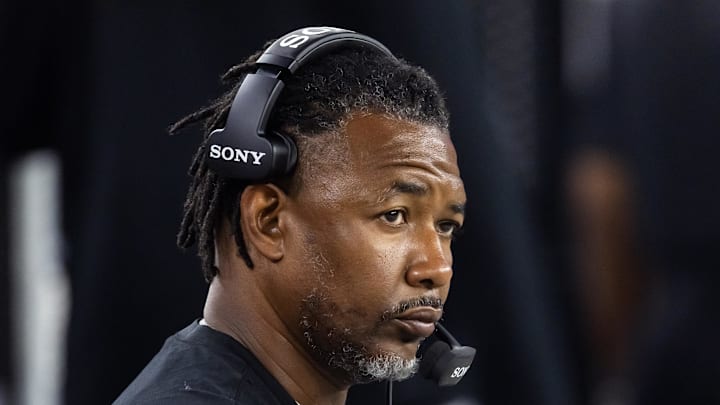 Aug 23, 2025; Glendale, Arizona, USA; Las Vegas Raiders defensive coordinator Patrick Graham against the Arizona Cardinals during a preseason NFL game at State Farm Stadium. Mandatory Credit: Mark J. Rebilas-Imagn Images