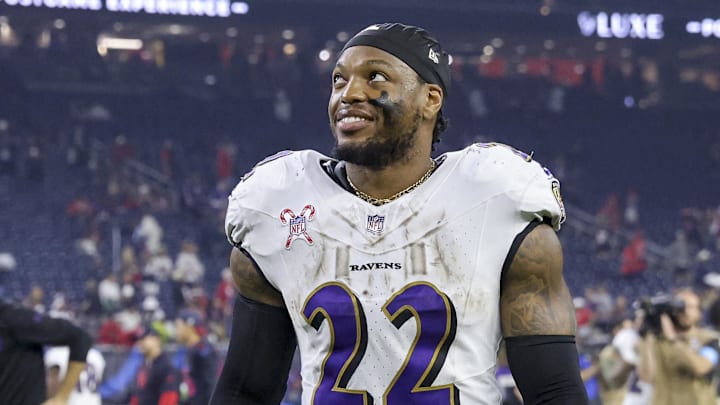 Dec 25, 2024; Houston, Texas, USA;  Baltimore Ravens running back Derrick Henry (22) smiles after the game against the Houston Texans at NRG Stadium.