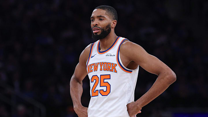 Apr 18, 2026; New York, New York, USA; New York Knicks guard Mikal Bridges (25) looks on during the first half of the 2026 NBA Playoffs against the Atlanta Hawks at Madison Square Garden. Mandatory Credit: Vincent Carchietta-Imagn Images