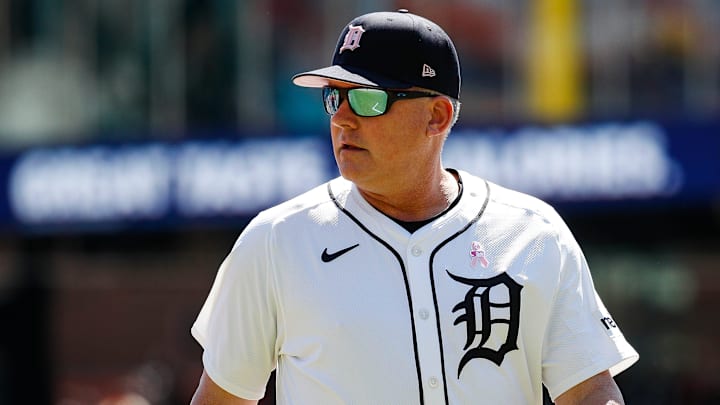 Detroit Tigers manager A.J. Hinch (14) walks off the field after a pitching change during the eighth inning at Comerica Park in Detroit on Sunday, May 12, 2024