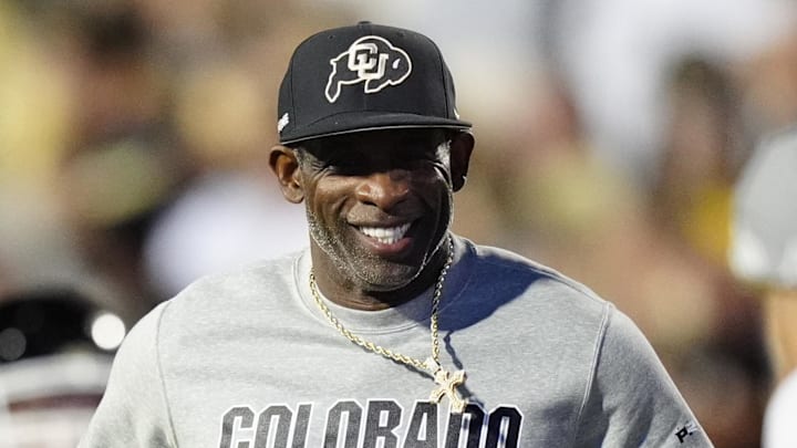 Sep 27, 2025; Boulder, Colorado, USA; Colorado Buffaloes head coach Deion Sanders reacts before the game against the Brigham Young Cougars at Folsom Field.