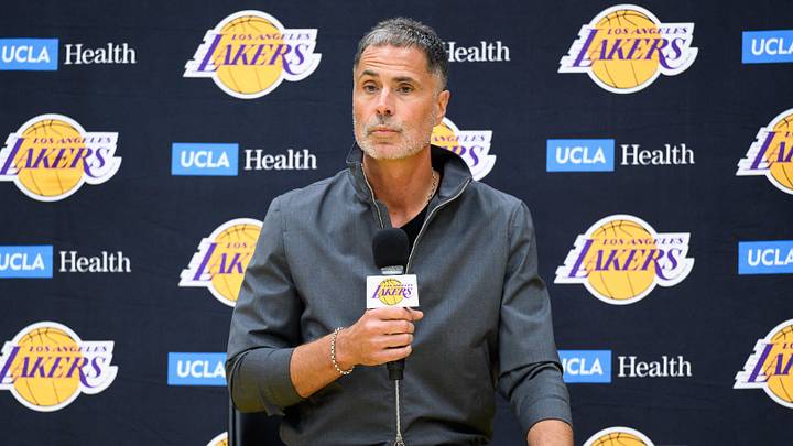 Sep 25, 2025; El Segundo, CA, USA; Los Angeles Lakers general manager Rob Pelinka, left, speaks during a press conference to preview the 2025-26 season at UCLA Health Training Center. Mandatory Credit: William Liang-Imagn Images Sep 25, 2025; El Segundo, CA, USA; Los Angeles Lakers general manager Rob Pelinka, left, speaks during a press conference to preview the 2025-26 season at UCLA Health Training Center. Mandatory Credit: William Liang-Imagn Images