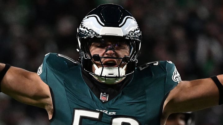Nov 16, 2025; Philadelphia, Pennsylvania, USA; Philadelphia Eagles linebacker Jaelan Phillips (50) reacts after sacking Detroit Lions quarterback Jared Goff (16) during the first half at Lincoln Financial Field. Mandatory Credit: Eric Hartline-Imagn Images
