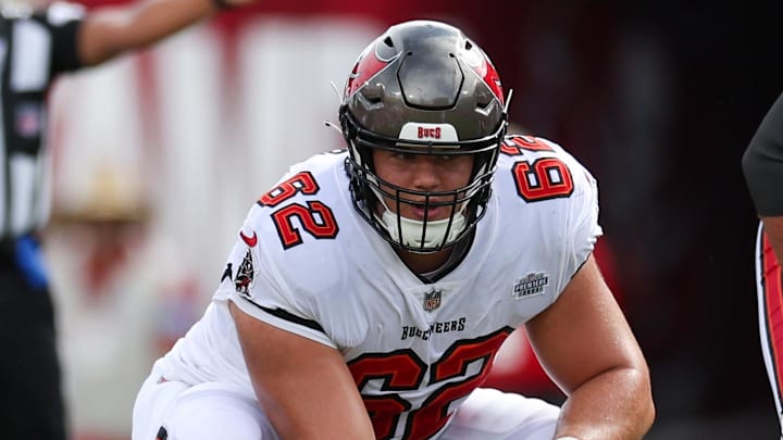 Sep 8, 2024; Tampa, Florida, USA; Tampa Bay Buccaneers center Graham Barton (62) lines up against the Washington Commanders in the first quarter at Raymond James Stadium. Mandatory Credit: Nathan Ray Seebeck-Imagn Images