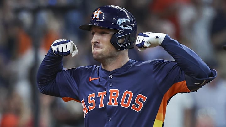 Sep 22, 2024; Houston, Texas, USA; Houston Astros third baseman Alex Bregman (2) celebrates after hitting a home run during the fifth inning against the Los Angeles Angels at Minute Maid Park