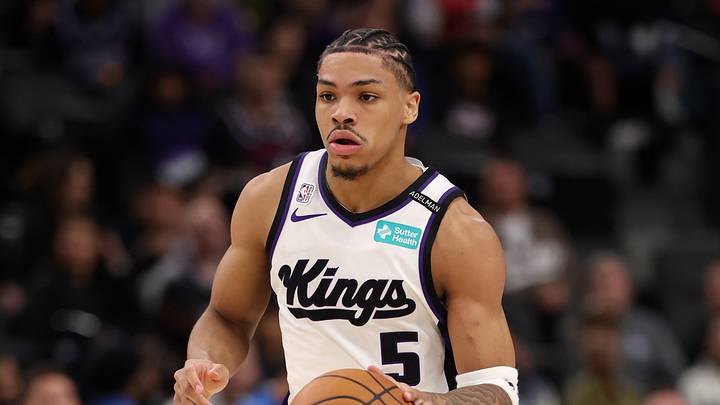 Oct 21, 2026; Inglewood, California, USA;  Sacramento Kings guard Darius Acuff Jr. (5) dribbles the ball during the third quarter against the Los Angeles Clippers at Intuit Dome. Mandatory Credit: Kiyoshi Mio-Imagn Images