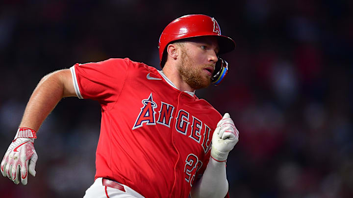 August 16, 2024; Anaheim, California, USA; Los Angeles Angels second base Brandon Drury (23) runs after hitting a double against the Atlanta Braves during the fourth inning at Angel Stadium. Mandatory Credit: Gary A. Vasquez-Imagn Images