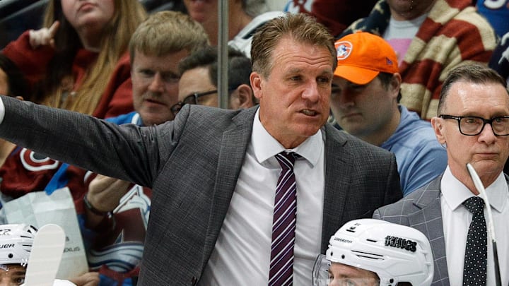 Mar 27, 2025; Denver, Colorado, USA; Los Angeles Kings head coach Jim Hiller in the first period against the Los Angeles Kings at Ball Arena. Mandatory Credit: Isaiah J. Downing-Imagn Images