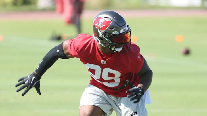 Tampa Bay Buccaneers safety Christian Izien (29) works out at One Buc Place. 
