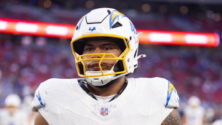 Oct 21, 2024; Glendale, Arizona, USA; Los Angeles Chargers linebacker Tuli Tuipulotu (45) against the Arizona Cardinals at State Farm Stadium. Mandatory Credit: Mark J. Rebilas-Imagn Images