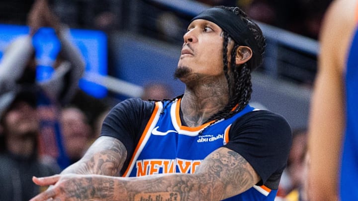 Mar 13, 2026; Indianapolis, Indiana, USA; New York Knicks guard Jordan Clarkson (00) celebrates a made basket in the second half against the Indiana Pacers at Gainbridge Fieldhouse. Mandatory Credit: Trevor Ruszkowski-Imagn Images