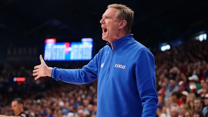 Kansas Jayhawks head coach Bill Self yells out during the Sunflower Showdown game inside Allen Fieldhouse in Lawrence, Kansas, on Saturday, March 7, 2026.