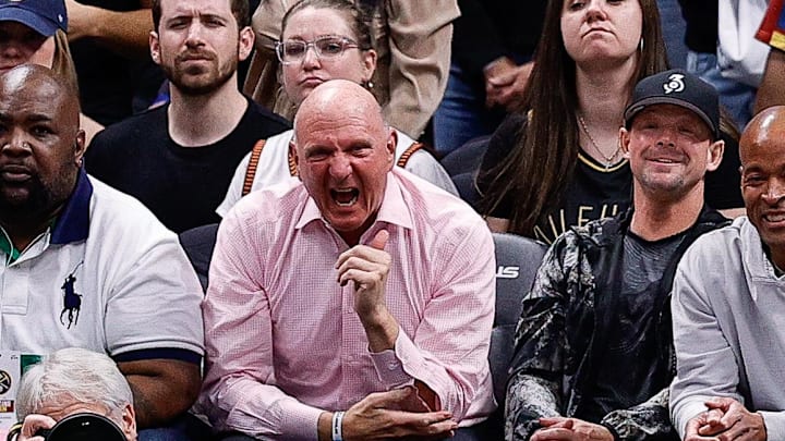 Apr 21, 2025; Denver, Colorado, USA; Los Angeles Clippers owner Steve Ballmer (center) reacts in the fourth quarter against the Denver Nuggets during game two of first round for the 2025 NBA Playoffs at Ball Arena. Mandatory Credit: Isaiah J. Downing-Imagn Images