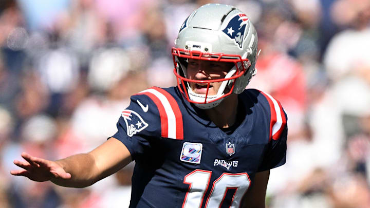 Sep 28, 2025; Foxborough, Massachusetts, USA; New England Patriots quarterback Drake Maye (10) calls a play against the Carolina Panthers  during the first half at Gillette Stadium. Mandatory Credit: Brian Fluharty-Imagn Images